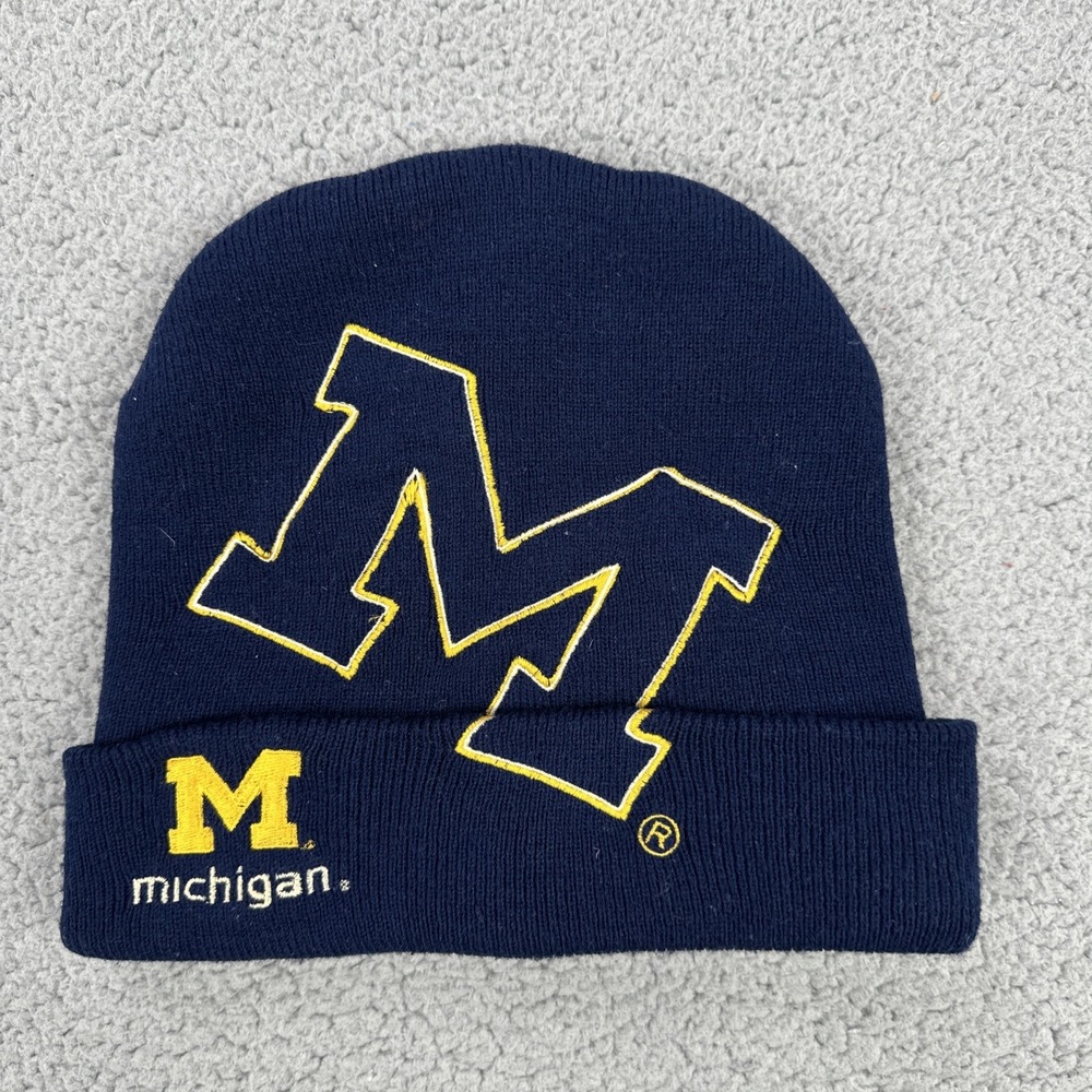 VTG Y2K University‎ of Michigan Wolverines Knit Beanie One Size Blue Embroidered